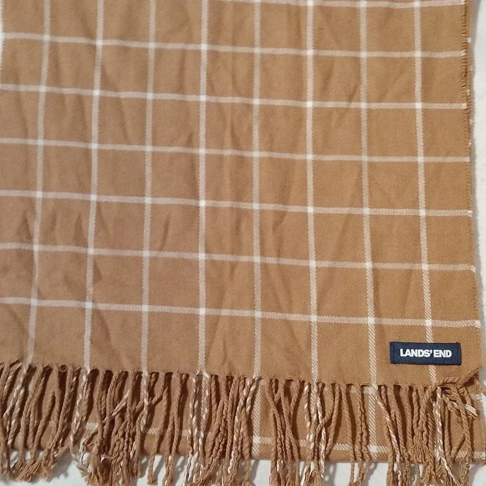 Lands End Unisex Rectangle Oblong Tassel Multifunctional Scarf Khaki Tan White
